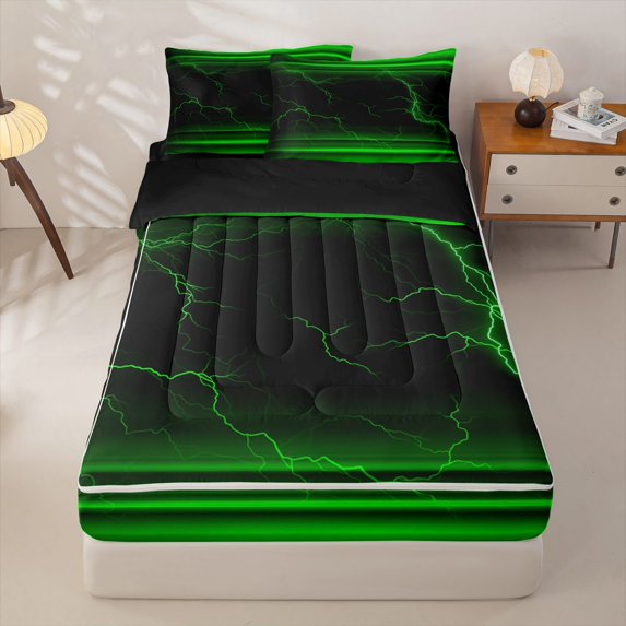 jejeloiu Abstract Lightning Print Zipper Twin Comforter Sets with Fitted Sheet and 2 Pillowcases For Kids,Green Black Zipper Bedding Set For Boys,Reversible,4 Pieces