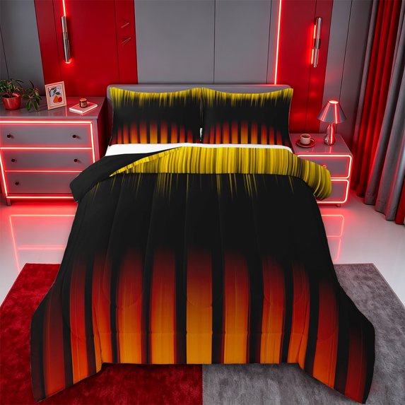 jejeloiu Abstract Lines Pattern Queen Comforter Set For Adults,Yellow Black Orange Bedding Comforter Set For Girls,Reversible,3-Piece