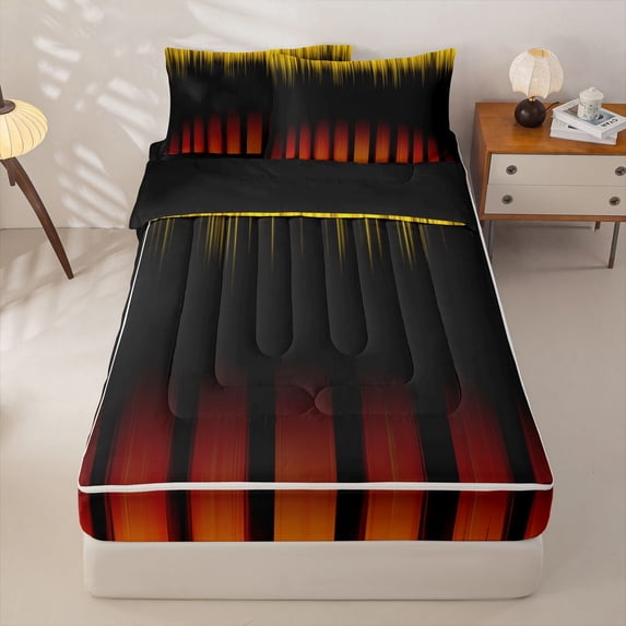 jejeloiu Abstract Lines Pattern Zipper Twin Comforter Sets with Fitted Sheet and 2 Pillowcases For Adults,Yellow Black Orange Zipper Bedding Set For Girls,Reversible,4-Piece