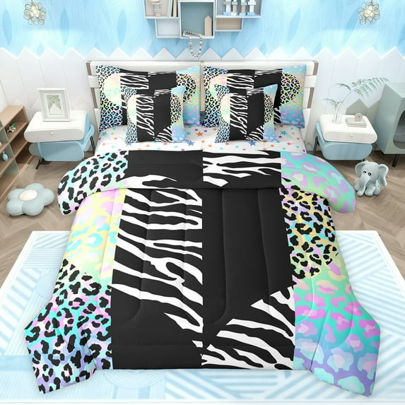 jejeloiu Abstract Loves Pattern 7 Pieces Bedding Comforter Set,Zebra Leopard Print Full Bedding Set,Modern Geometric Stripe Fitted Sheet Flat Sheet For Girls,Ultra Soft Home Decor Reversible