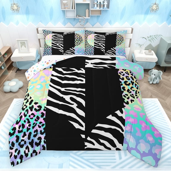 jejeloiu Abstract Loves Pattern Queen Comforter Set,Zebra Leopard Print Bedding Sets,Modern Geometric Stripe Bedding Comforter Set For Girls,Ultra Soft Home Decor Reversible,3-Piece