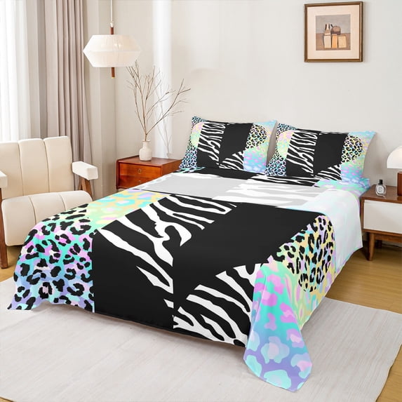 jejeloiu Abstract Loves Pattern Twin Sheet Sets,Zebra Leopard Print Twin Fitted Sheet,Modern Geometric Stripe Flat Sheet For Girls,Ultra Soft Home Decor,3 Pieces