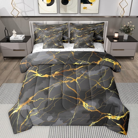jejeloiu Abstract Marble Texture 7-Piece Bedding Comforter Set,Modern Fulid Artwork King Bedding Sets,Gold Gray Bed Sheets For Adult,Super Cozy Room Decor Reversible