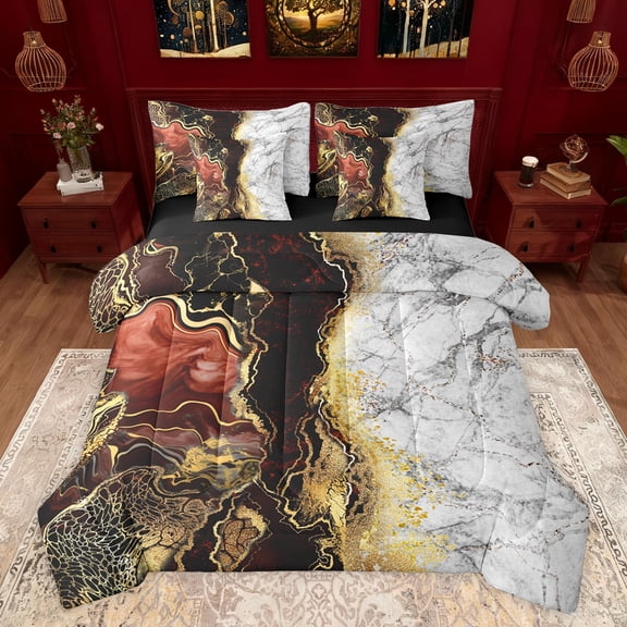 jejeloiu Abstract Marble Texture 7pcs Bedding Comforter Set,Modern Fulid Artwork Queen Bedding Sets,Gold Sequin Print Queen Sheet Sets For Adult,Super Cozy Room Decor Reversible