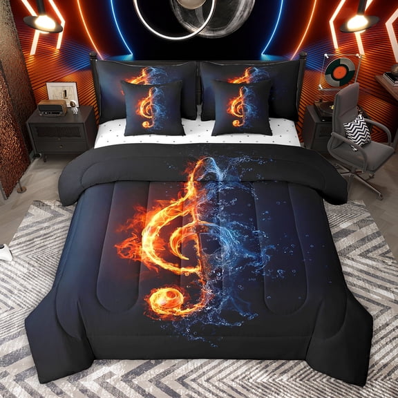 jejeloiu Abstract Music Note 7pcs Bedding Comforter Set,Black Orange Blue Queen Bedding Sets For Adults Reversible