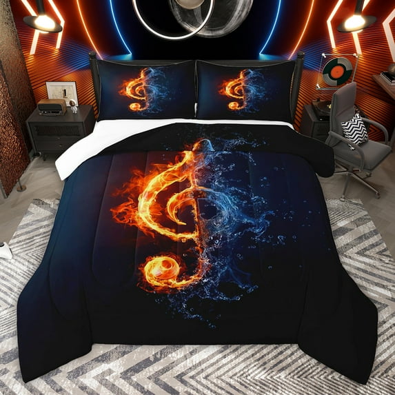 jejeloiu Abstract Music Note Queen Comforter Set,Black Orange Blue Bedding Comforter Set For Adults 3 Pieces