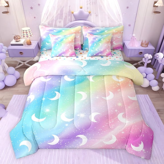 jejeloiu Abstract Rainbow Stripe 7-Piece Twin Bedding Sets,Moon Stars Pattern Bedding Comforter Set For Girl Kids Reversible