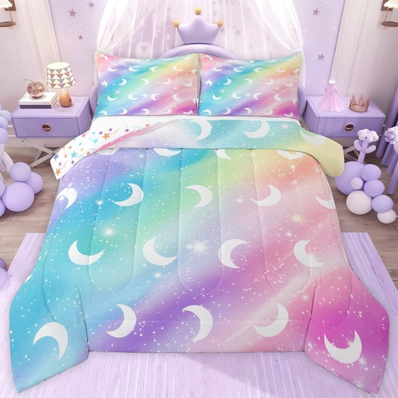 jejeloiu Abstract Rainbow Stripe Full Size Comforter Sets,Moon Stars Pattern Bedding Sets For Girl Kids Reversible 3-Piece