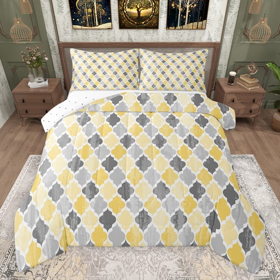 jejeloiu Abstract Rhombus Print Bedding Comforter Set,Modern Geometric Flower Twin Comforter Sets,Yellow Gray Bedding Set For Adults,Breathable Home Decor Reversible,2pcs
