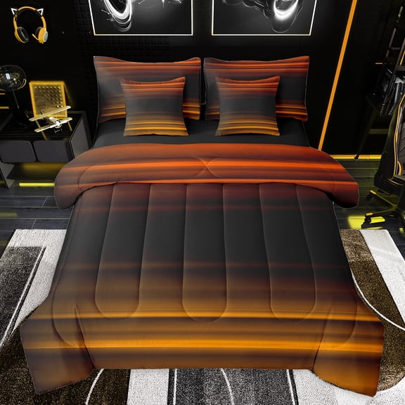jejeloiu Abstract Vintage Lines 7-Piece Bedding Comforter Set,Geometric Striped Print King Bedding Sets,Black Orange Ombre Bed Sheets For Teens,Breathable Home Decor Reversible