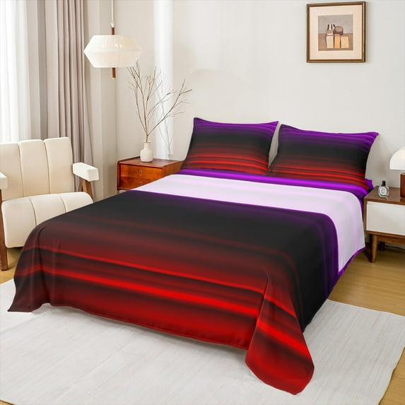 jejeloiu Abstract Vintage Lines Bed Sheets,Geometric Striped Print King Sheets,Red Purple Black Sheet Set For Teens,Breathable Home Decor,4pcs
