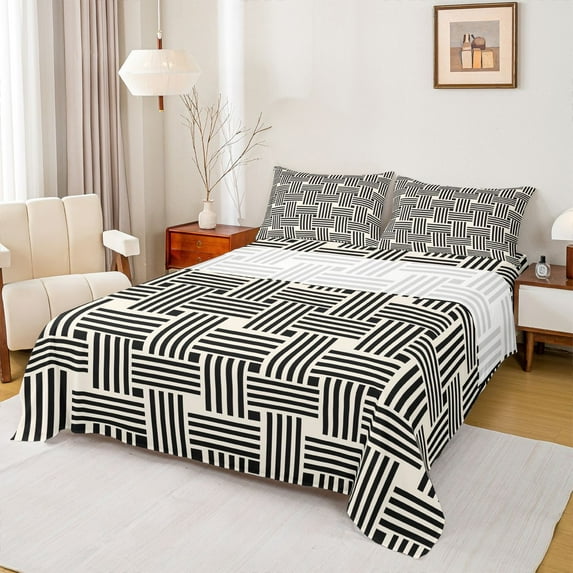 jejeloiu Abstract Vintage Lines Full Size Sheets,Geometric Striped Print Bed Sheets,Black Beige Sheet Sets For Teens,Breathable Home Decor,4-Piece