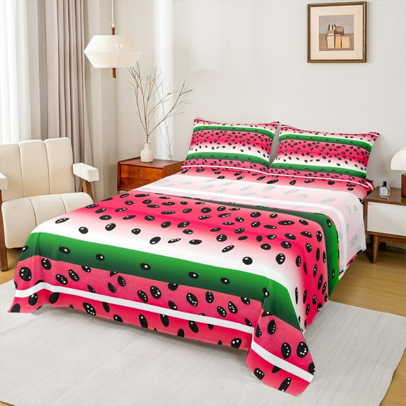jejeloiu Abstract Watermelon Print Bed Sheets,Summer Fruit King Sheets,Red Green Ombre Sheet Set For Child,Ultra Soft Home Decor,4pcs