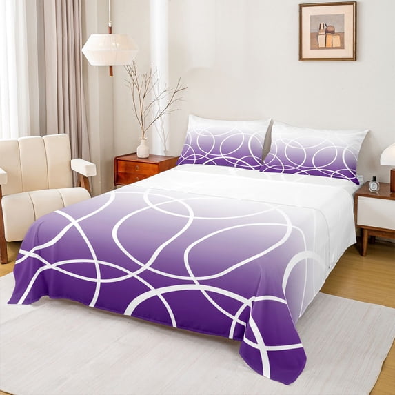 jejeloiu Abstract Waves Stripes Full Size Sheets,Purple White Bed Sheets For Teens Boys 4pcs