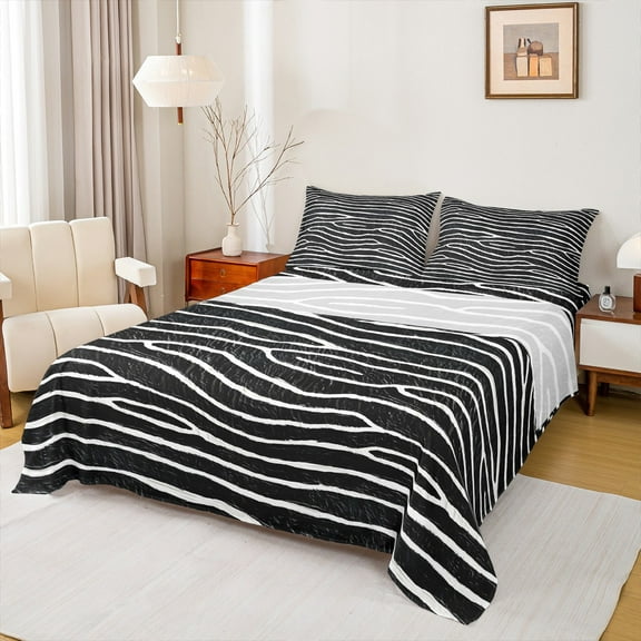 jejeloiu Abstract Zebra Print Twin Sheet Sets,Jungle Wildlife Twin Fitted Sheet,White Blackl Stripes Flat Sheet For Children,Microfiber Bedroom Decor,3pcs