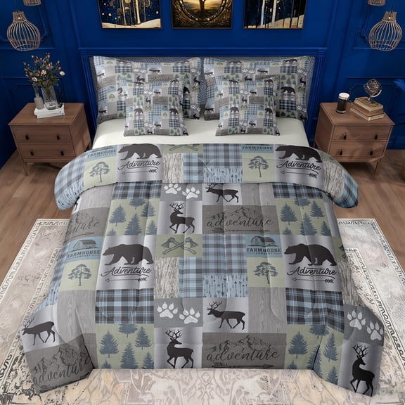 jejeloiu Adventure Theme 7-Piece Bedding Comforter Set,Safari Animal Deer King Bedding Sets,Jungle Wildlife Bear Bed Sheets For Adults,Breathable Home Decor Reversible