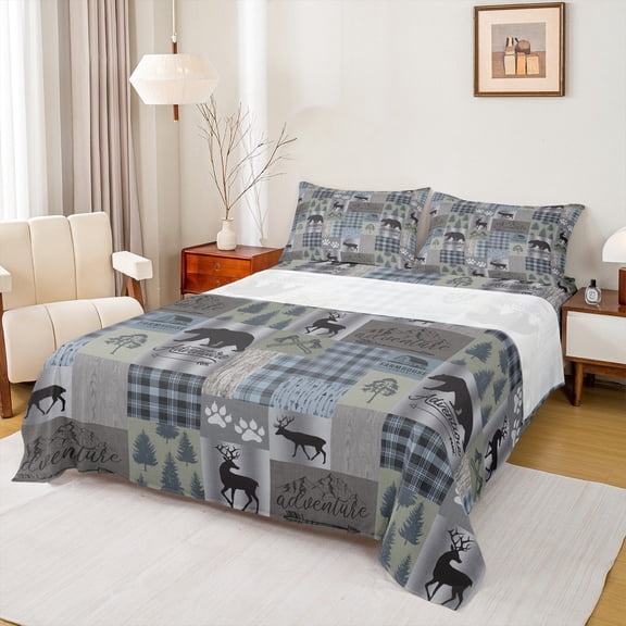 jejeloiu Adventure Theme Full Size Sheets,Safari Animal Deer Bed Sheets,Jungle Wildlife Bear Sheet Sets For Adults,Breathable Home Decor,4 Pieces