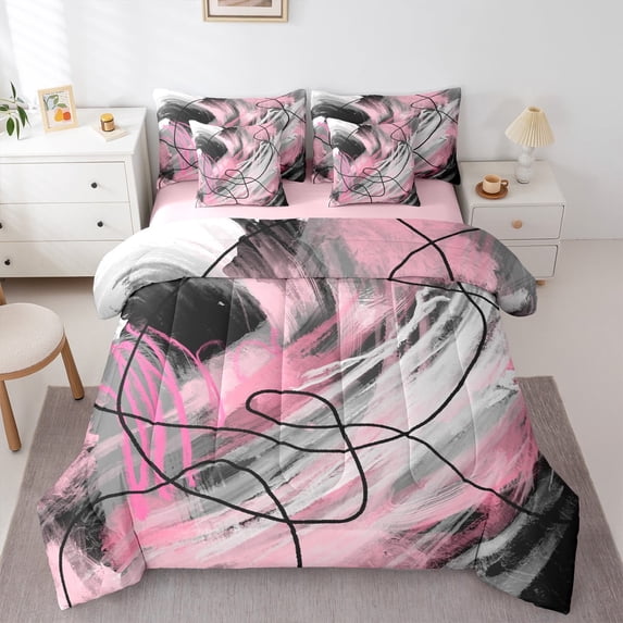jejeloiu Aesthetic Geometric Art Bedding Comforter Set 7 Pieces,Geometric Lines Full Bedding Set,Pink Black Gray Fitted Sheet Flat Sheet,Lightweight Room Decor Reversible