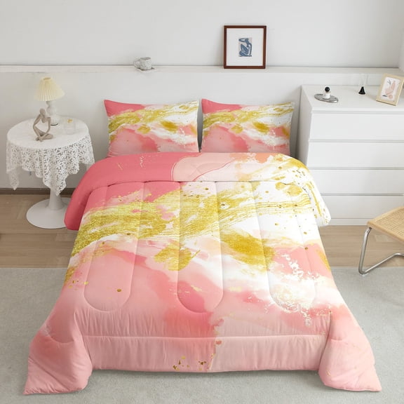 jejeloiu Aesthetic Geometric Art Queen Comforter Set,Splashing Ink Bedding Sets,Gradient Pink Gold Bedding Comforter Set,Lightweight Room Decor Reversible,3 Pieces