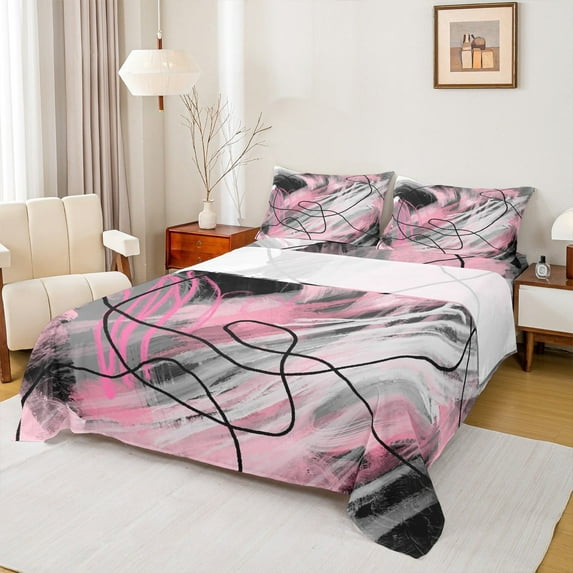 jejeloiu Aesthetic Geometric Art Twin Sheet Sets,Geometric Lines Twin Fitted Sheet,Pink Black Gray Flat Sheet,Lightweight Room Decor,3-Piece