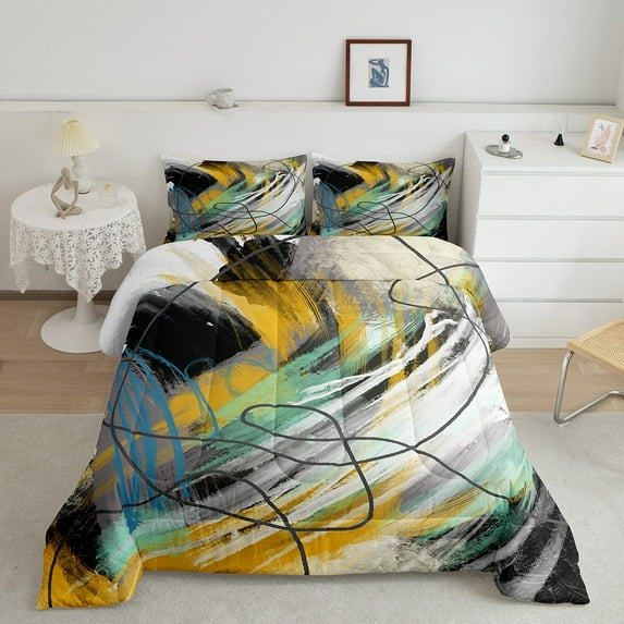 jejeloiu Aesthetic Geometric Graffiiti Queen Comforter Set,Minimalism Geometric Art Bedding Sets,Green Yellow Black Bedding Comforter Set,Breathable Bedroom Decor Reversible,3 Pieces