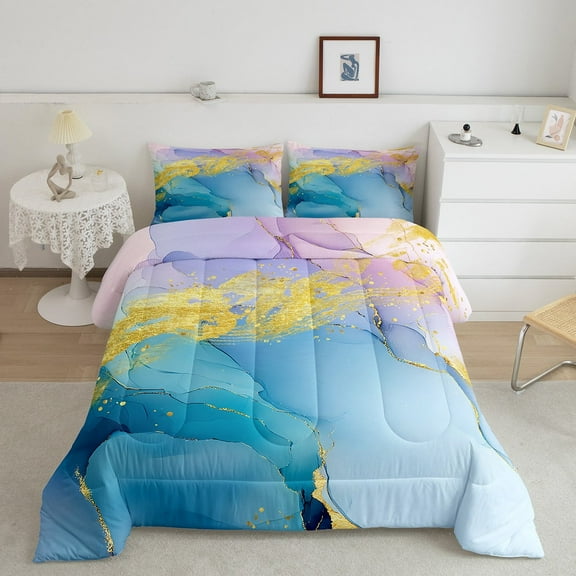 jejeloiu Aesthetic Geometric Marble Bedding Comforter Set,Minimalism Geometric Art Twin Comforter Sets,Gradient Gold Blue Bedding Set,Breathable Bedroom Decor Reversible,2pcs