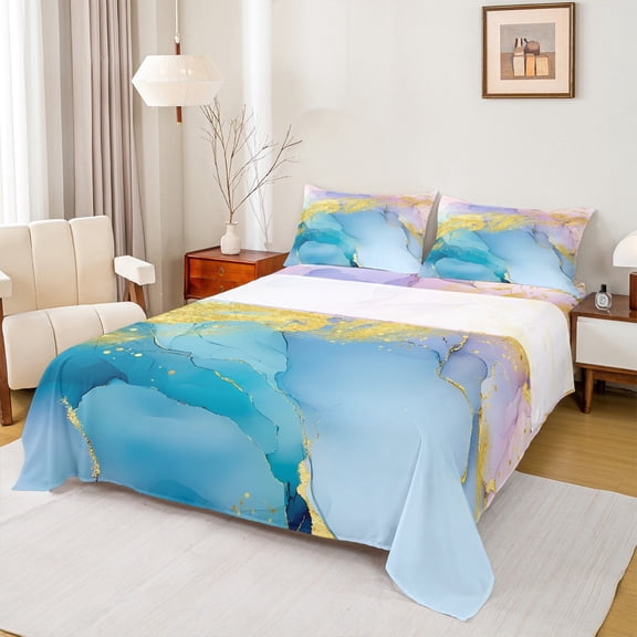 jejeloiu Aesthetic Geometric Marble Twin Sheet Sets,Minimalism Geometric Art Twin Fitted Sheet,Gradient Gold Blue Flat Sheet,Breathable Bedroom Decor,3pcs