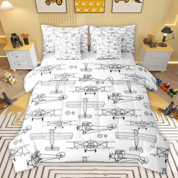 jejeloiu Aircraft Flying 7 Pieces Bedding Comforter Set,Ancient Airplane Print Full Bedding Set,White Gray Fitted Sheet Flat Sheet For Boys Teens,Microfiber Bedroom Decor Reversible