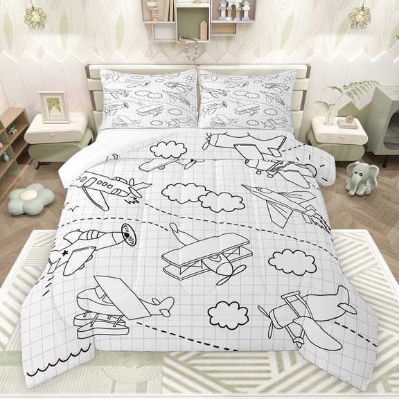 jejeloiu Aircraft Flying Bedding Comforter Set,Cartoon Airplane Print Twin Comforter Sets,White Black Stripes Plaid Bedding Set For Boys,Luxury Bedroom Decor,2pcs