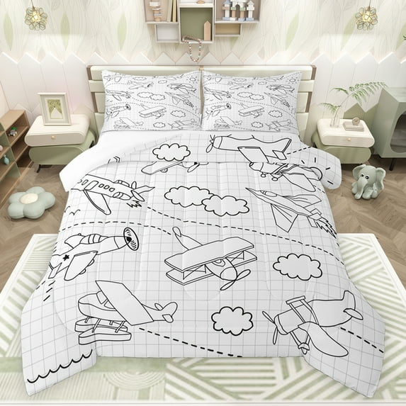 jejeloiu Aircraft Flying Full Size Comforter Sets,Cartoon Airplane Print Bedding Comforter Set,White Black Stripes Plaid Bedding Sets For Boys,Luxury Bedroom Decor,3-Piece