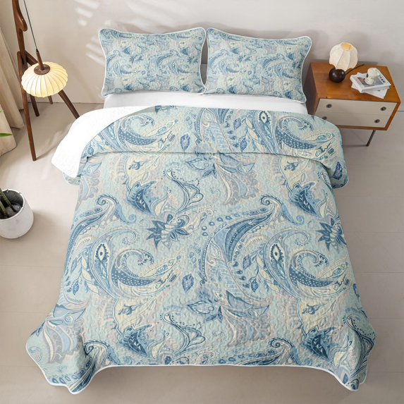 jejeloiu Airy Paisley Quilt King,Light Print King Coverlet Set For Adults,Blue Beige,3-Piece