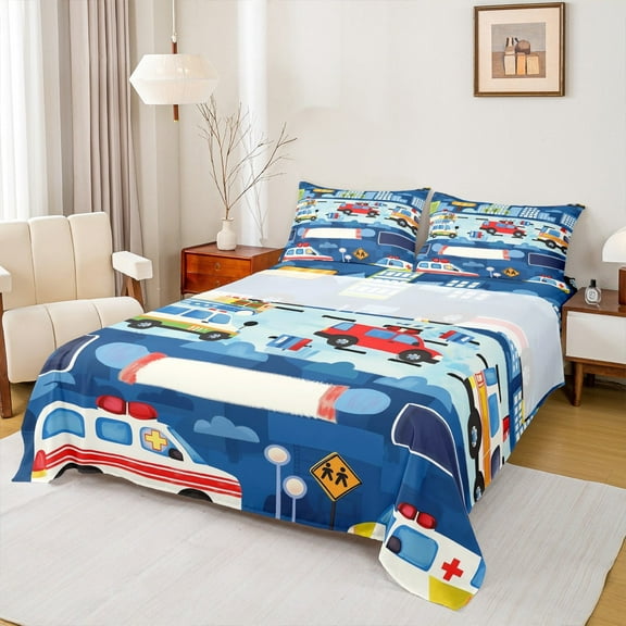 jejeloiu Ambulance Police Car Bed Sheets,Emergency Rescue Vehicle King Sheets,Cute Graffiti Sheet Set For Boys Kids,Lightweight Room Decor,4-Piece