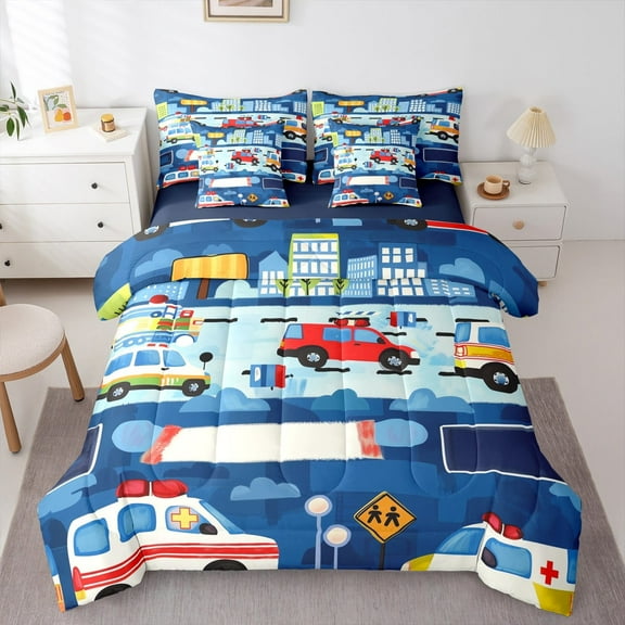 jejeloiu Ambulance Police Car Bedding Comforter Set 7-Piece,Emergency Rescue Vehicle King Bedding Sets,Cute Graffiti Bed Sheets For Boys Kids,Lightweight Room Decor Reversible