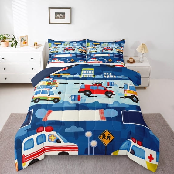jejeloiu Ambulance Police Car Bedding Comforter Set,Emergency Rescue Vehicle Twin Comforter Sets,Cute Graffiti Bedding Set For Boys Kids,Lightweight Room Decor Reversible,2-Piece