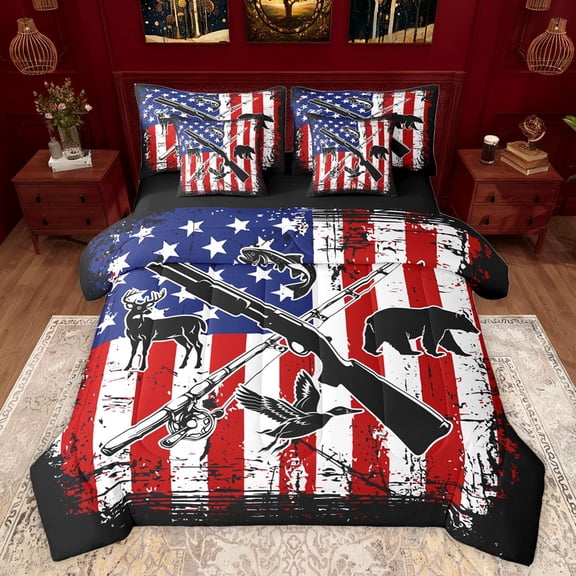 jejeloiu American Flag 7-Piece King Bedding Set Rustic Mallard Duck Fishing Hunting Cozy Reversible Decor For Adults