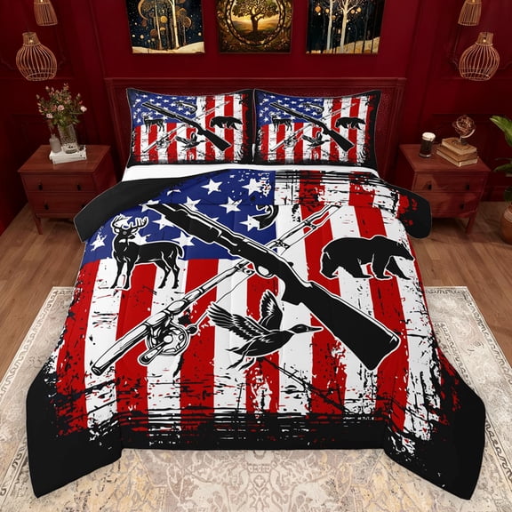 jejeloiu American Flag Bedding Comforter Set,Rustic Mallard Duck Twin Comforter Sets,Fishing And Hunting Bedding Set For Adults,Super Cozy Room Decor Reversible,2-Piece