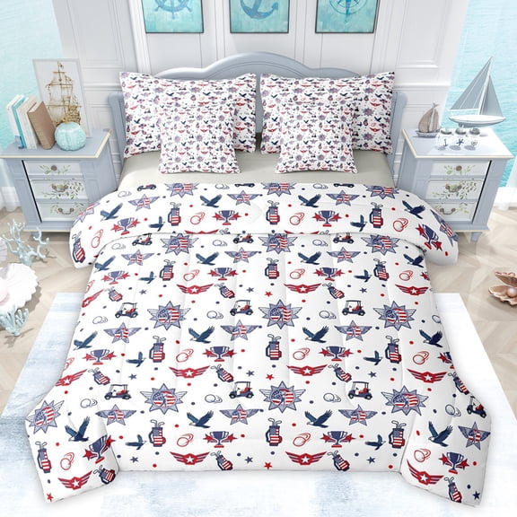 jejeloiu American Flag Eagle 7-Piece Queen Bedding Set Golf Ball Sport Red Blue White Microfiber Reversible Decor For Boys Kids