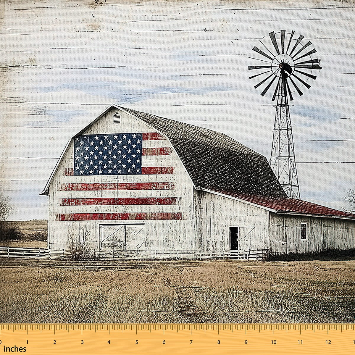 jejeloiu American Flag Fabric by the Yard 10 Yards,Old Barn Door Room Decor Fabric by the Yard,Western Farmhouse Windmill Sewing Fabric For Men Women,Microfiber Bedroom Decor