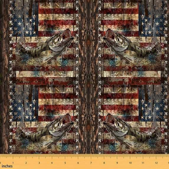 jejeloiu American Flag Fabric by the Yard 10 Yards,Pike Fish Room Decor Fabric by the Yard,Rustic Farmhouse Cabin Sewing Fabric For Boys Kids,Luxury Bedroom Decor