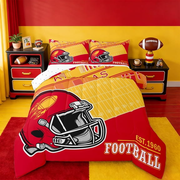jejeloiu American Ball City Queen Comforter Set,Kansas Bedding Sets,Red Rugby Helmet Bedding Comforter Set For Boys,Lightweight Room Decoration Reversible,3pcs