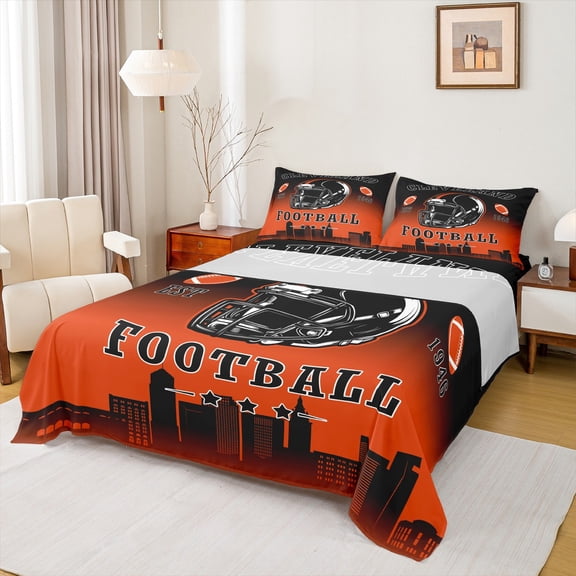 jejeloiu American Rugby City Twin Sheet Sets,Cleveland Twin Fitted Sheet,Rugby Helmet Flat Sheet For Boys,Lightweight Room Decoration,3 Pieces
