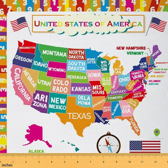 jejeloiu American Map Fabric by the Yard 10 Yards,Us Flag Room Decor Fabric by the Yard,Educational Posters Sewing Fabric For Girl Boys,Luxury Bedroom Decor