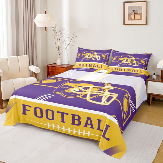 jejeloiu American Ruby Football Bed Sheets,Purple Yellow Helmet King Sheets For Boys Kids 4-Piece