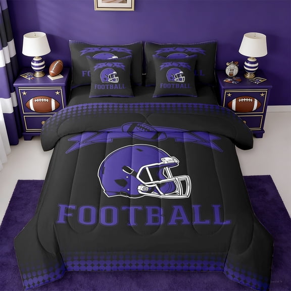 jejeloiu American Ruby Sport 7-Piece Twin Bedding Sets,Purple Football Helmet Bedding Comforter Set For Boys Kids Reversible