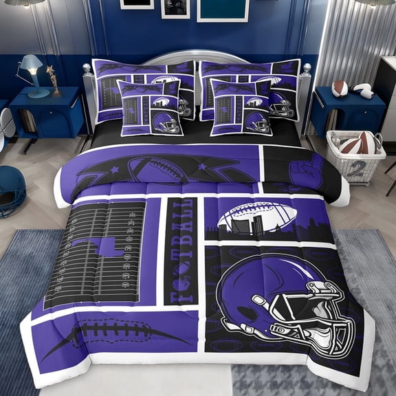 jejeloiu American Rugby Ball 7-Piece Twin Bedding Sets,Purple Football Helmet Bedding Comforter Set For Bots Teens Reversible