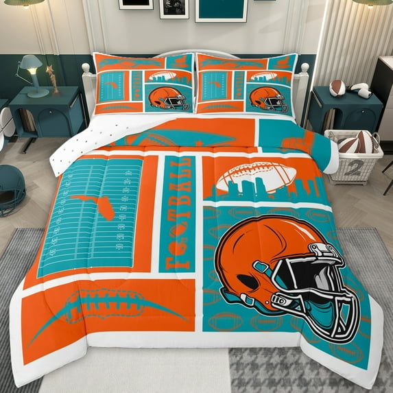 jejeloiu American Rugby Ball Queen Comforter Set,Orange Football Helmet Bedding Comforter Set For Bots Teens Reversible 3-Piece