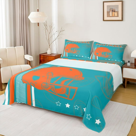 jejeloiu American Rugby Ball Queen Sheet Sets,Orange Cyan Bed Set For Boys Kids 4 Pieces