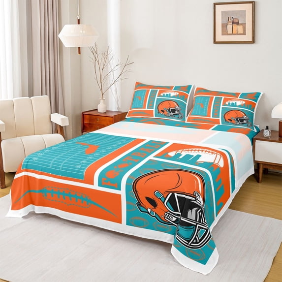 jejeloiu Orange Helmet Rugby Queen 4-Piece Teen Football Sheet Set
