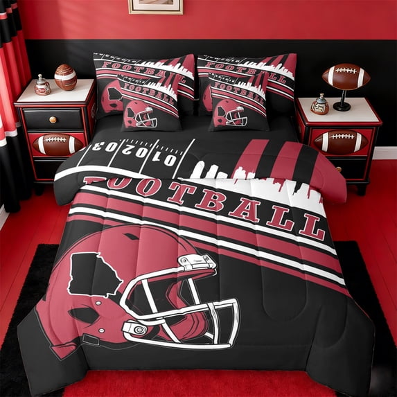 jejeloiu American Rugby City 7-Piece Twin Bedding Sets,Red Football Helmet Bedding Comforter Set For Boys Kids Reversible
