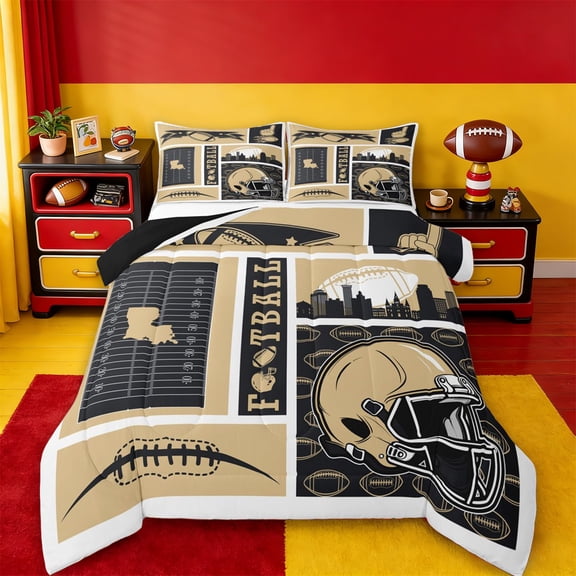 jejeloiu American Rugby City Twin Comforter Sets,Gold Sport Helmet Bedding Set For Kids Reversible 2-Piece
